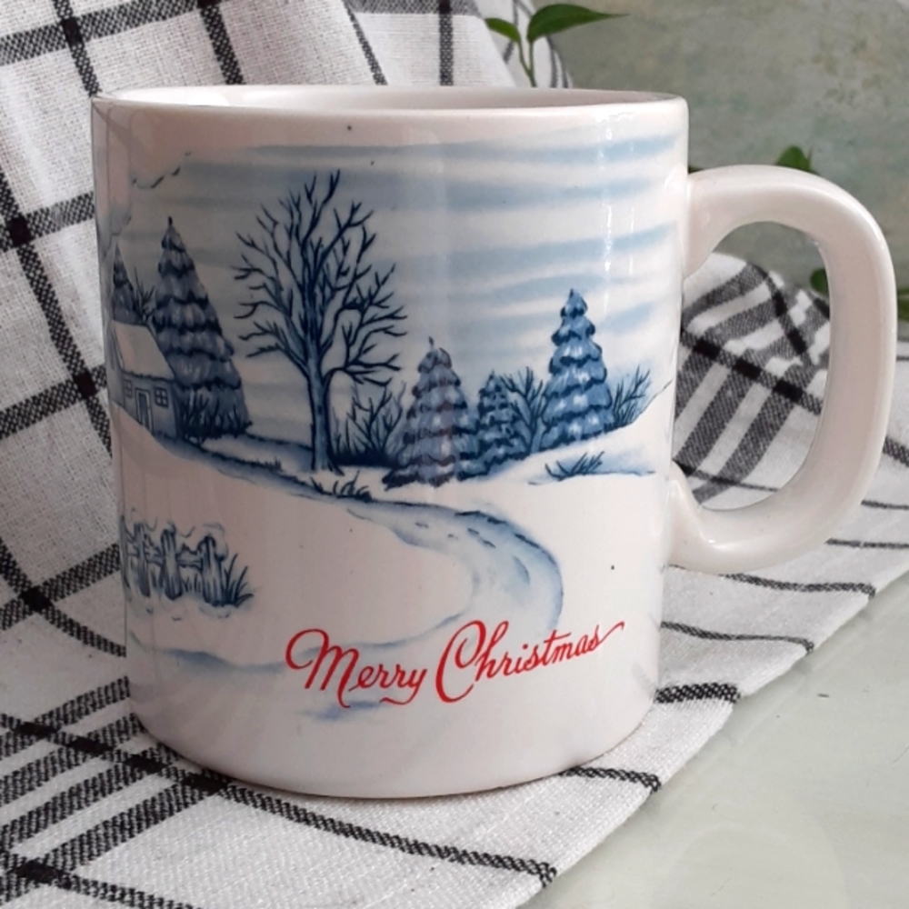 Merry Christmas Blue White Rural Snow Scene Mailbox Bird Packages Vintage